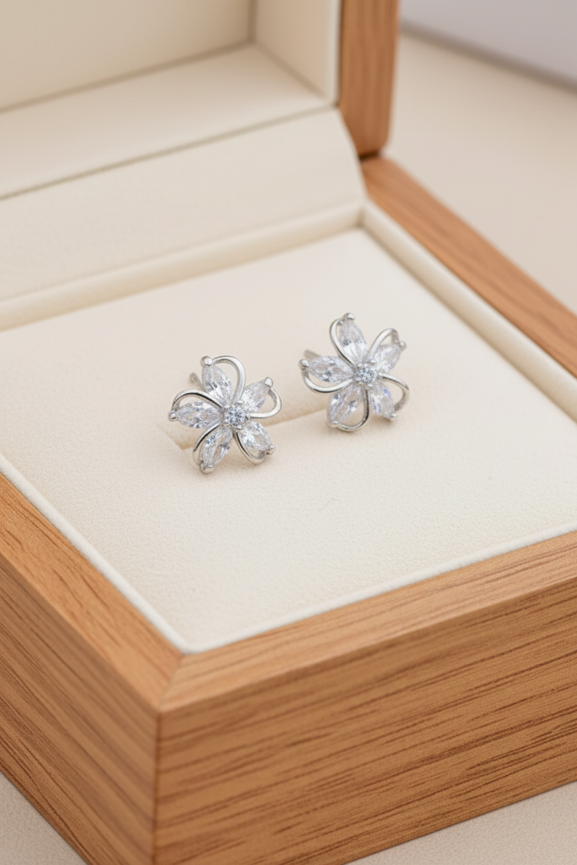 Five Petal Cubic Zirconia Stud Earrings | Silver Plated CZ Flower Studs