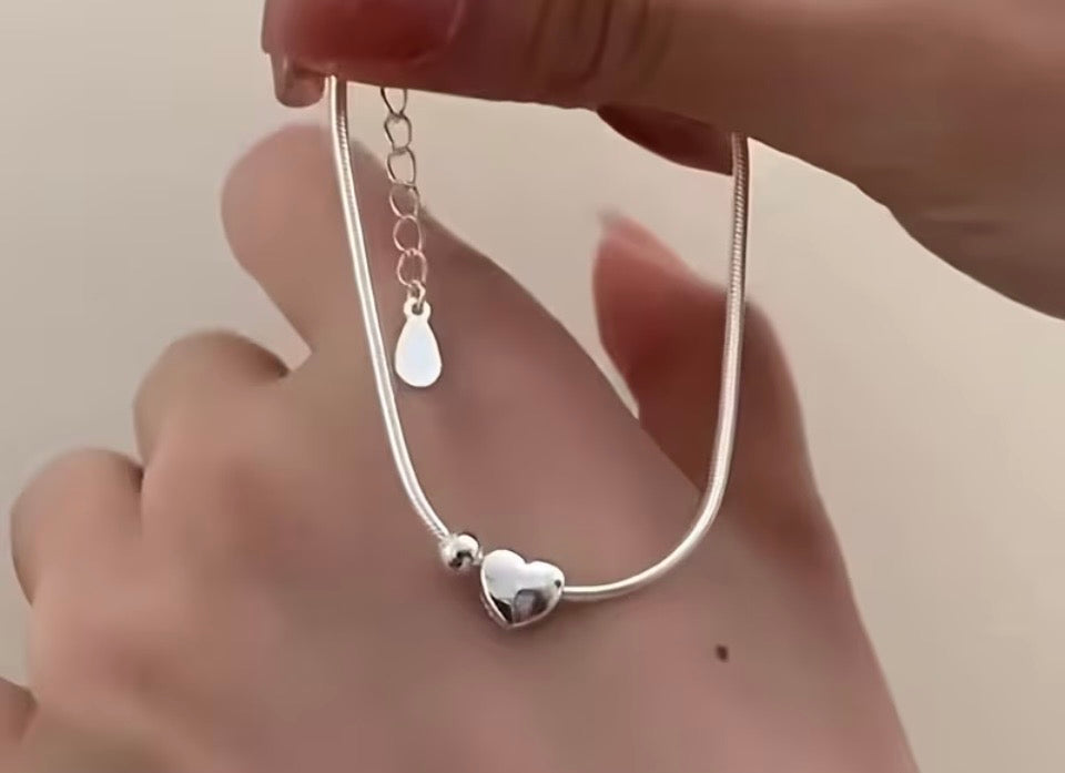 Minimalist Stainless Steel Heart & Ball Bracelet / Anklet | Silver Snake Chain