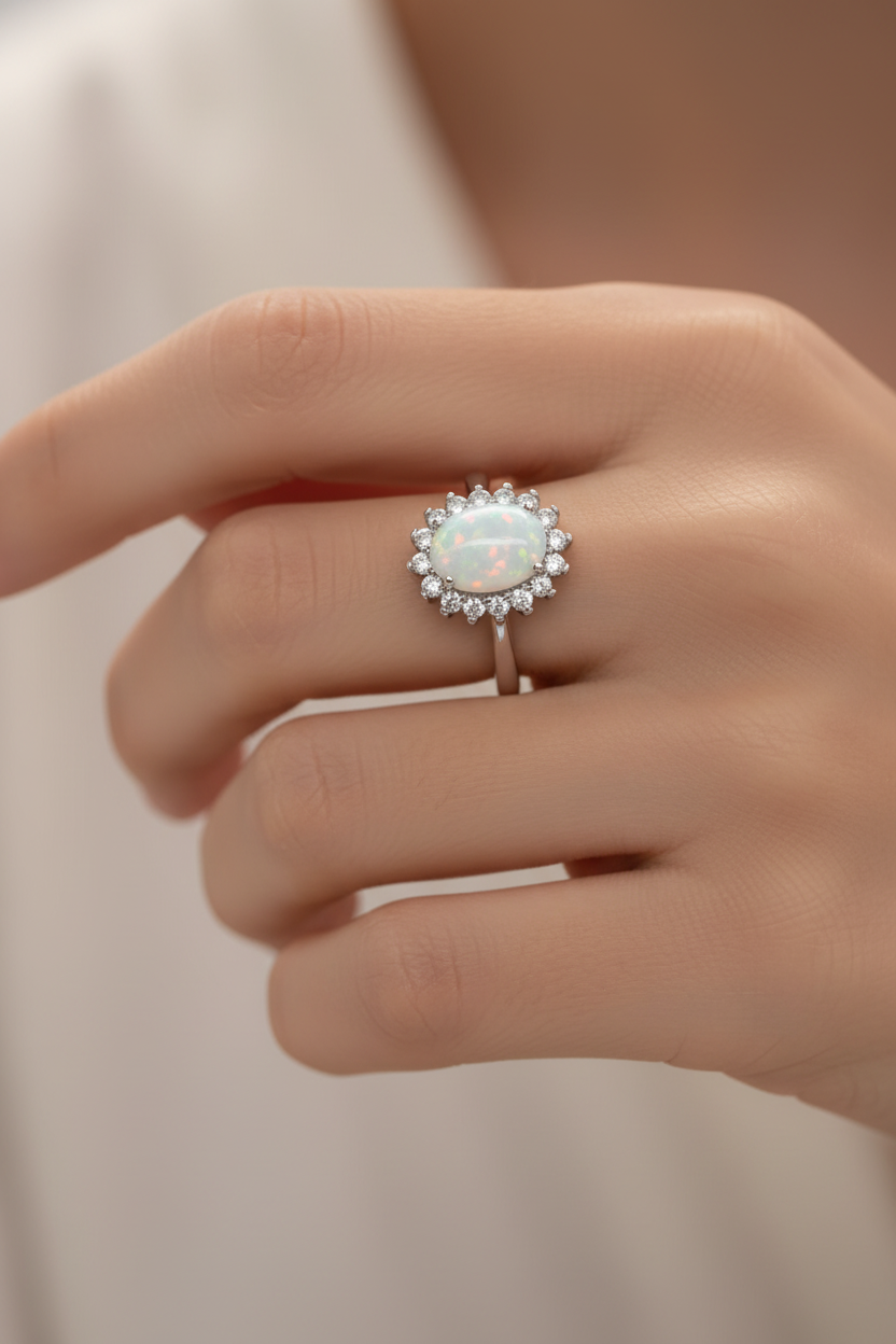 Bohemian Opal & Rhinestone Statement Ring | Silver Plated Boho Ring | Sizes 7 & 8