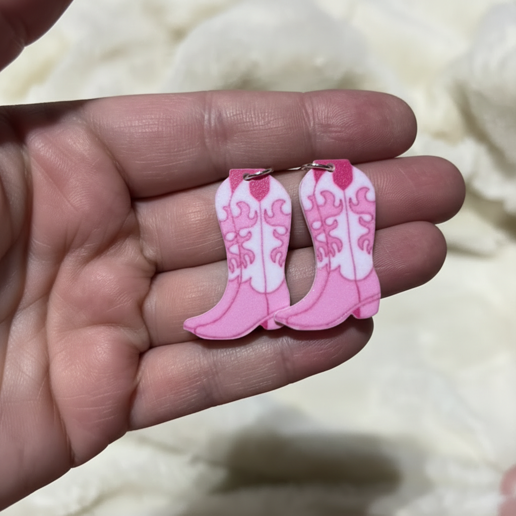 Pink Cowboy Boot Dangle Earrings | 2D Flat with Swirl Detail