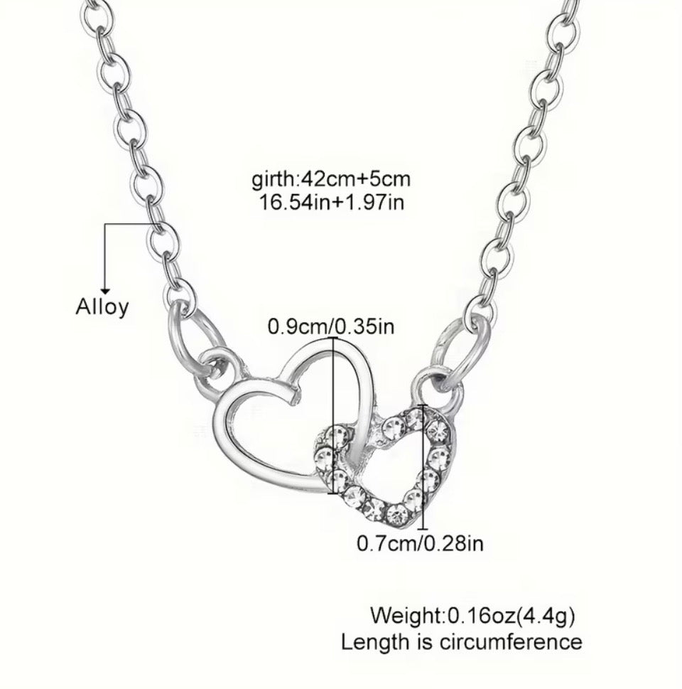 Double Heart Crystal Necklace | Vintage Romance | Sterling Silver-Tone Stainless Steel