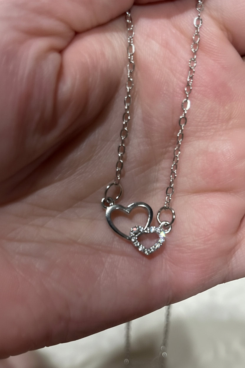 Double Heart Crystal Necklace | Vintage Romance | Sterling Silver-Tone Stainless Steel
