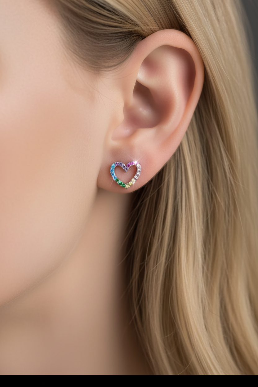 Rainbow Heart Crystal Stud Earrings | Colorful Statement Studs