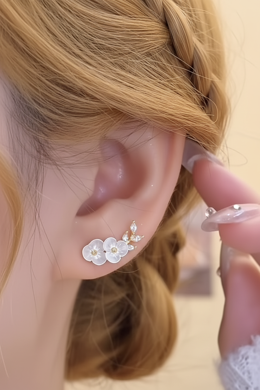 Plum Blossom Branch Stud Earrings | White Flower & Leaf Detail