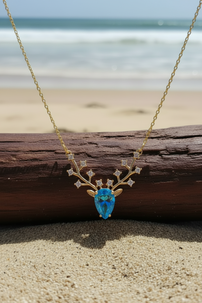 Gold Plated Deer Antler Necklace | Gemstone Face Pendant | Statement Necklace