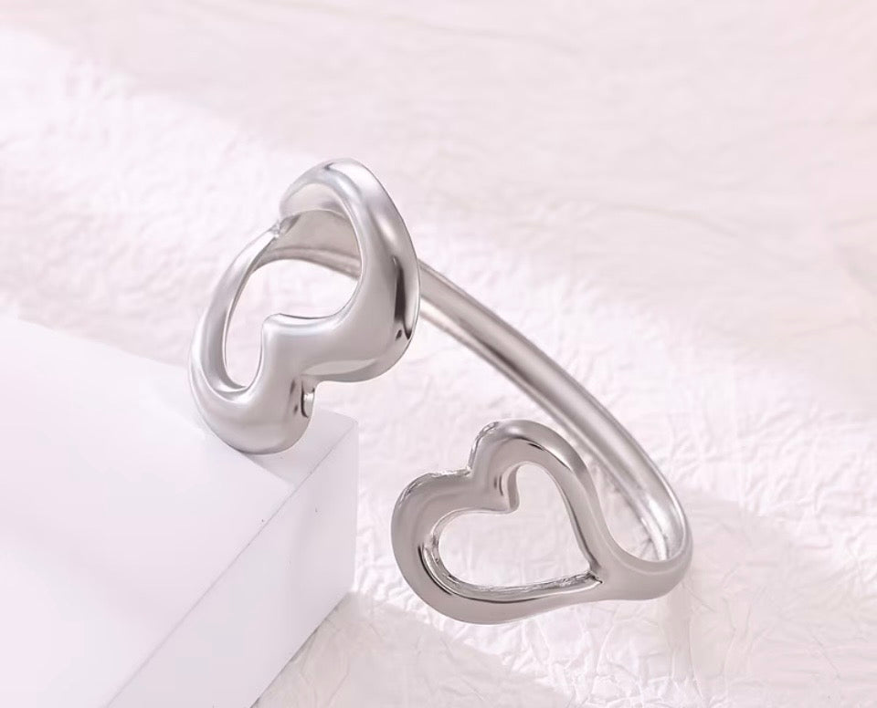 Statement Stainless Steel Double Heart Adjustable Cuff Bracelet | Silver