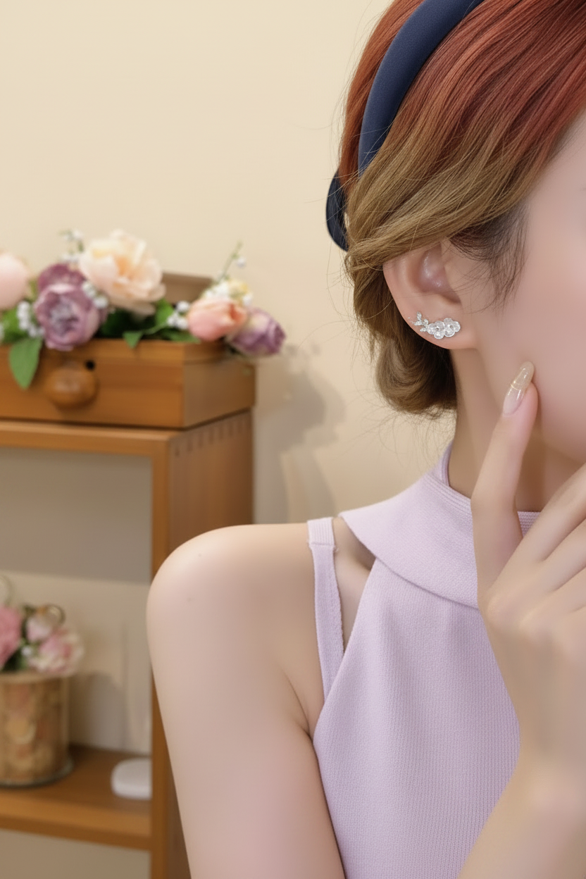 Plum Blossom Branch Stud Earrings | White Flower & Leaf Detail