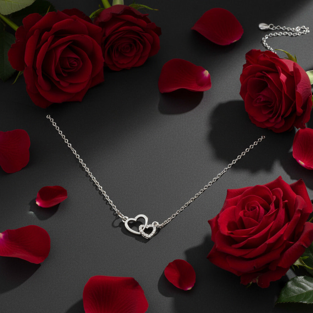 Double Heart Crystal Necklace | Vintage Romance | Sterling Silver-Tone Stainless Steel