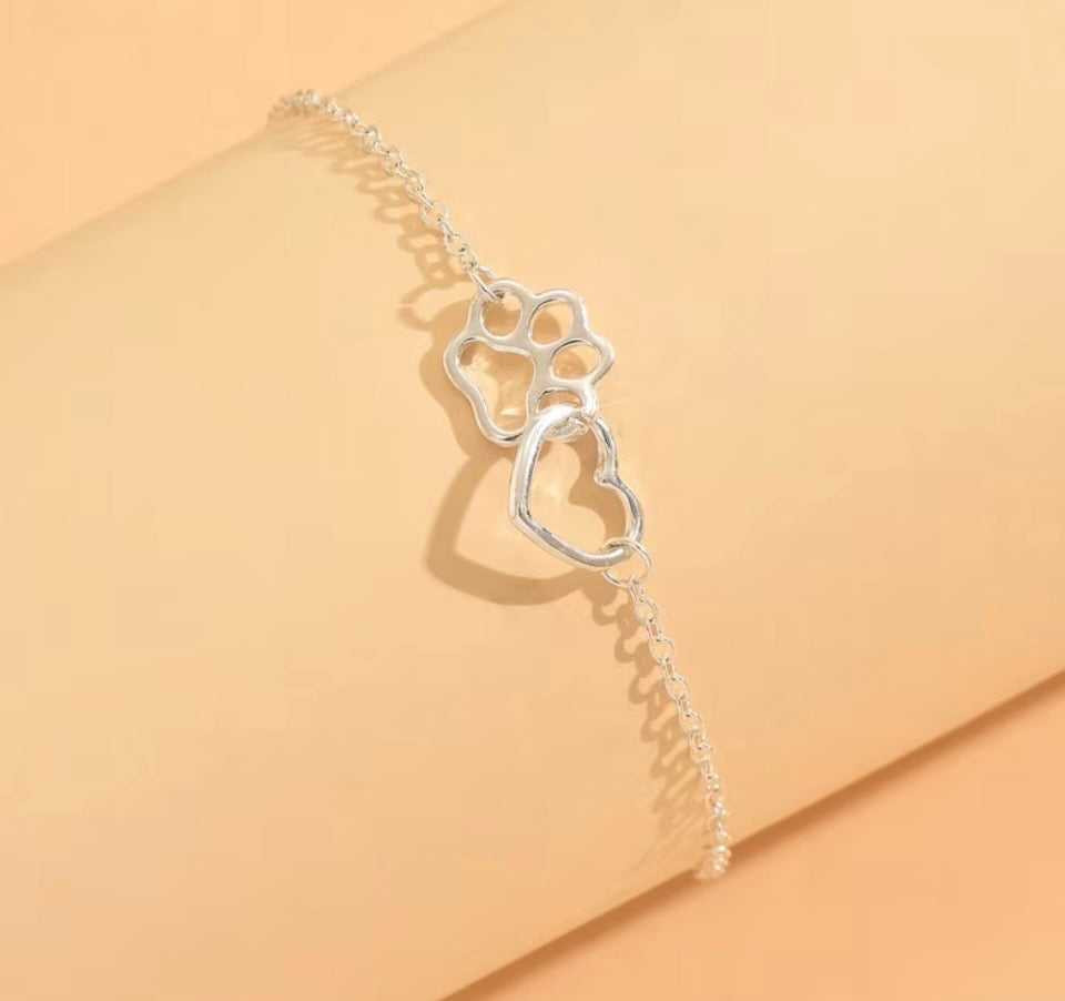 Classic Silver Plated Paw Print & Heart Bracelet / Anklet | Custom Size