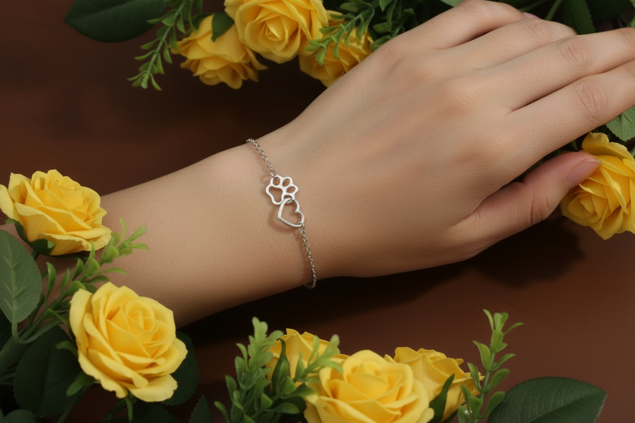Minimalist Silver Plated Paw Print & Heart Bracelet / Anklet | Custom Size