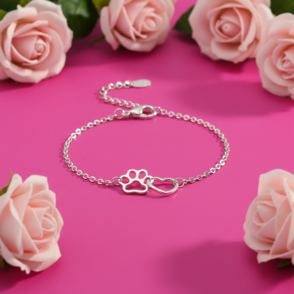 Minimalist Silver Plated Paw Print & Heart Bracelet / Anklet | Custom Size
