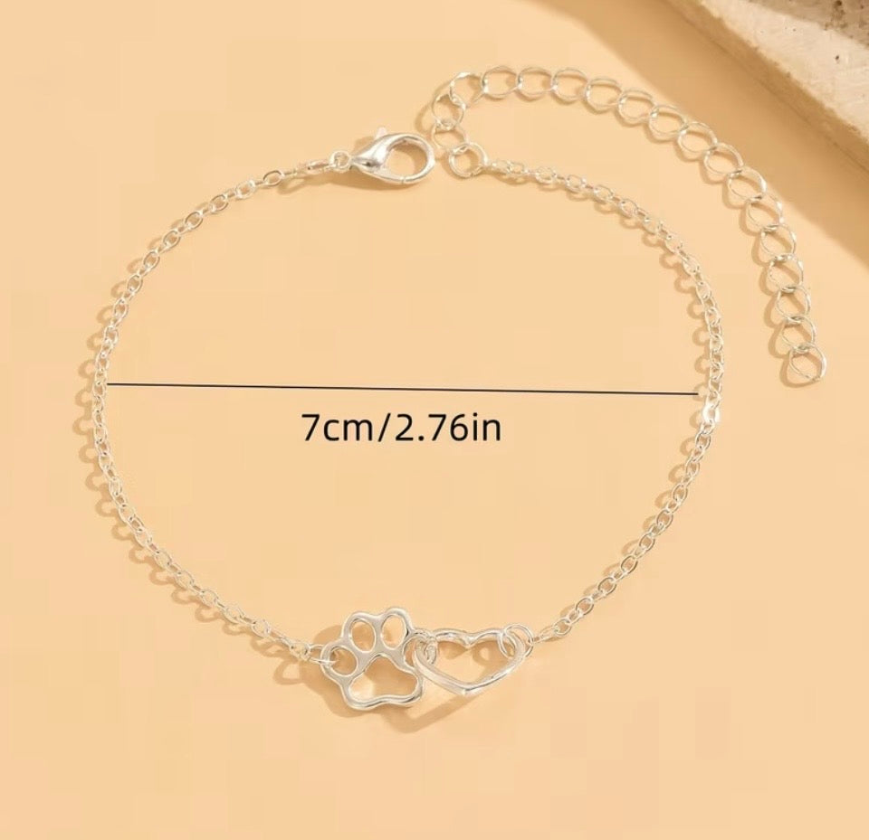 Classic Silver Plated Paw Print & Heart Bracelet / Anklet | Custom Size