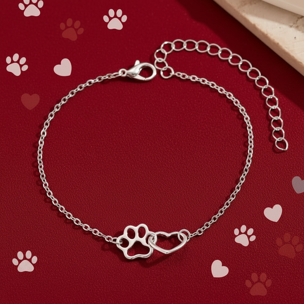 Minimalist Silver Plated Paw Print & Heart Bracelet / Anklet | Custom Size