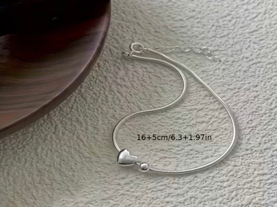 Minimalist Stainless Steel Heart & Ball Bracelet / Anklet | Silver Snake Chain
