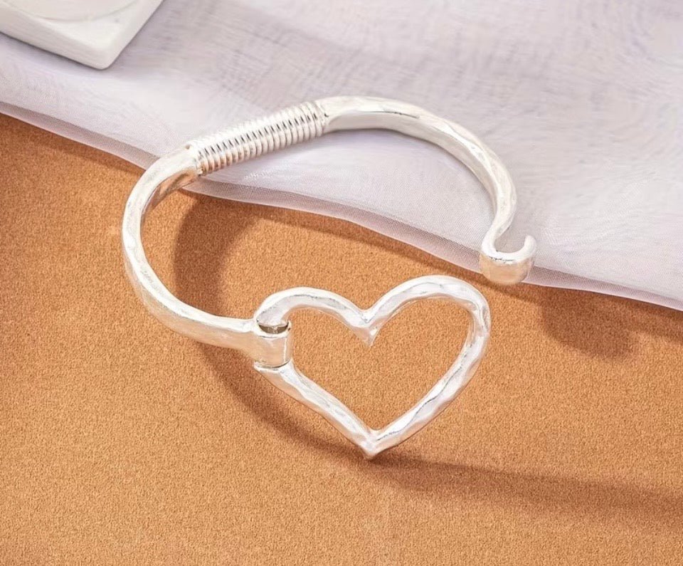Classic & Timeless Hand Hammered Sterling Silver .925 Heart Bangle Bracelet | Adjustable