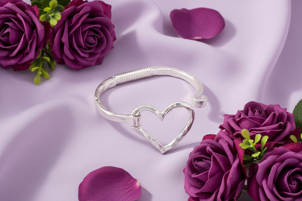 Vintage/Romantic Hand Hammered Stainless Steel Heart Bangle Bracelet | Adjustable No Tarnish