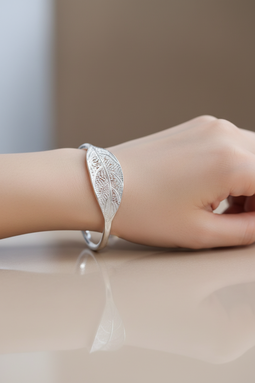 Leaf Motif Bangle Bracelet | Stainless Steel Botanical Cuff