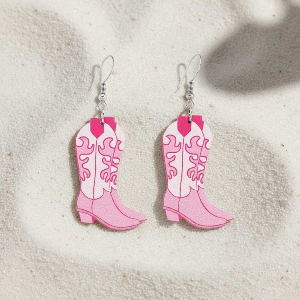 Pink Cowboy Boot Dangle Earrings | 2D Flat with Swirl Detail