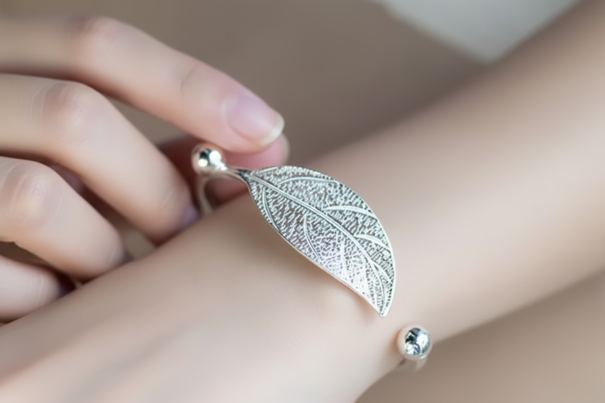 Leaf Motif Bangle Bracelet | Stainless Steel Botanical Cuff