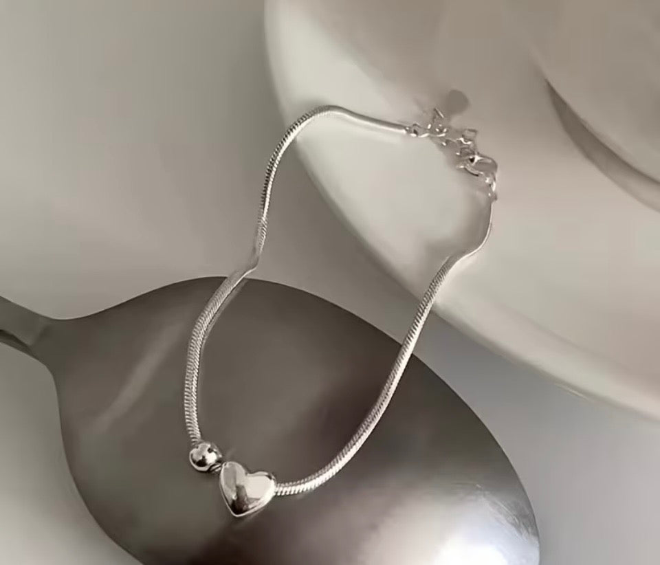 Minimalist Stainless Steel Heart & Ball Bracelet / Anklet | Silver Snake Chain