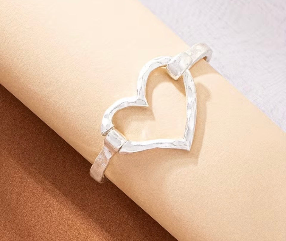 Classic & Timeless Hand Hammered Sterling Silver .925 Heart Bangle Bracelet | Adjustable