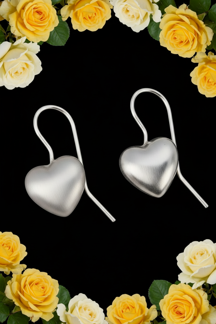 Sterling Silver .925 3D Heart Dangle Earrings | Vintage/Romantic| Includes Polishing Cloth