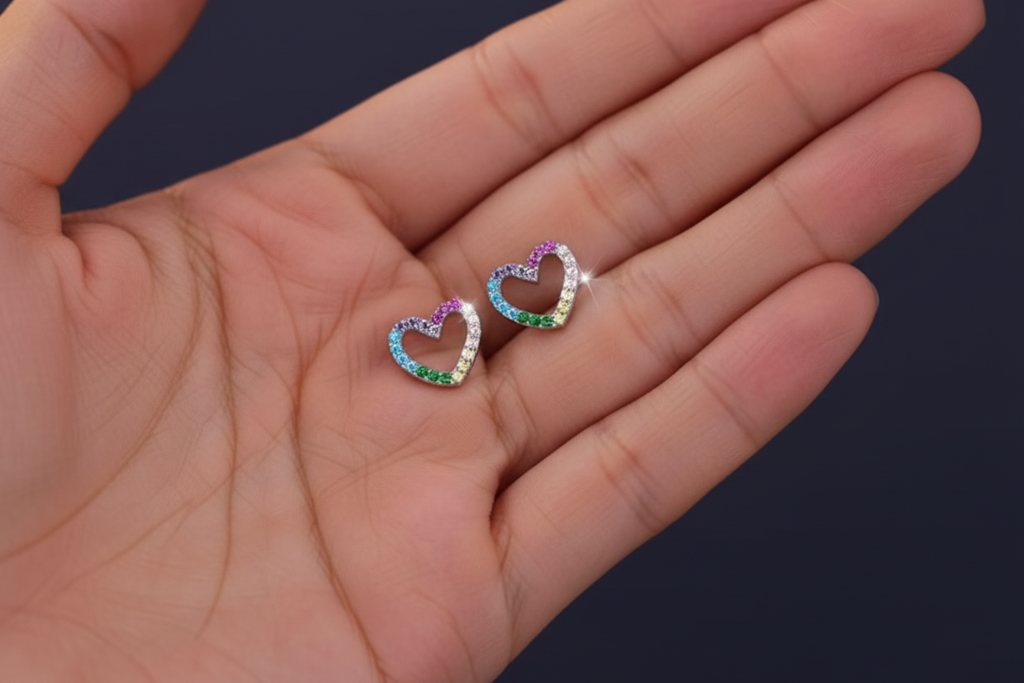 Rainbow Heart Crystal Stud Earrings | Colorful Statement Studs