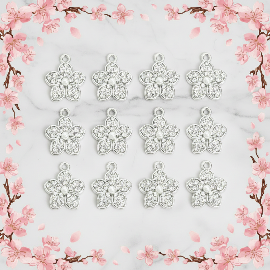 Cherry Blossom Pearl & Rhinestone Pendant — Stainless Steel Charm for Necklaces, Bracelets, Earrings & Dust Plugs | Vintage Romantic Style