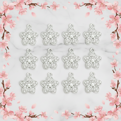 Cherry Blossom Pearl & Rhinestone Pendant — Stainless Steel Charm for Necklaces, Bracelets, Earrings & Dust Plugs | Vintage Romantic Style