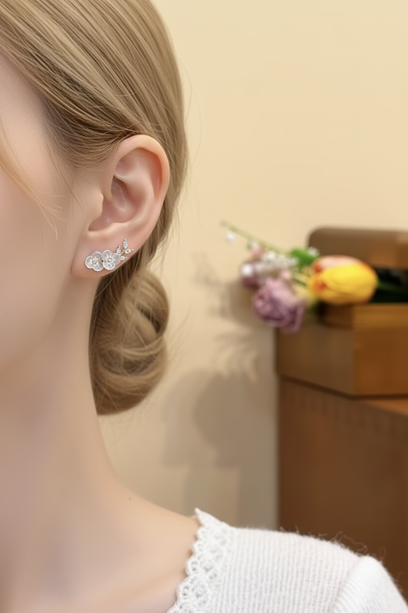 Plum Blossom Branch Stud Earrings | White Flower & Leaf Detail