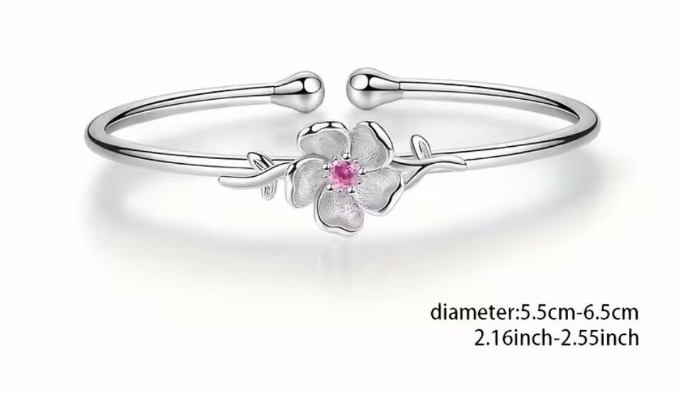 Bohemian Stainless Steel Adjustable Flower Cuff Bangle Bracelet | Silver