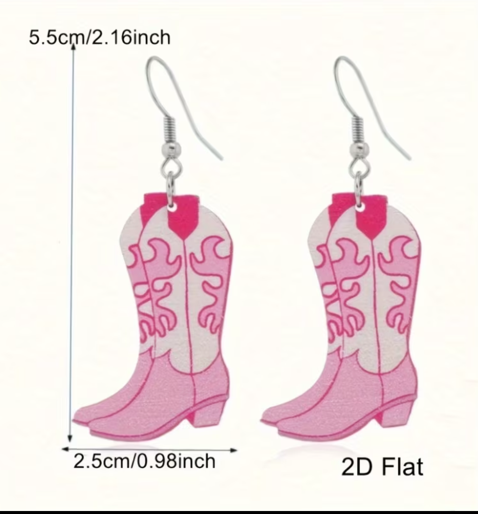 Pink Cowboy Boot Dangle Earrings | 2D Flat with Swirl Detail