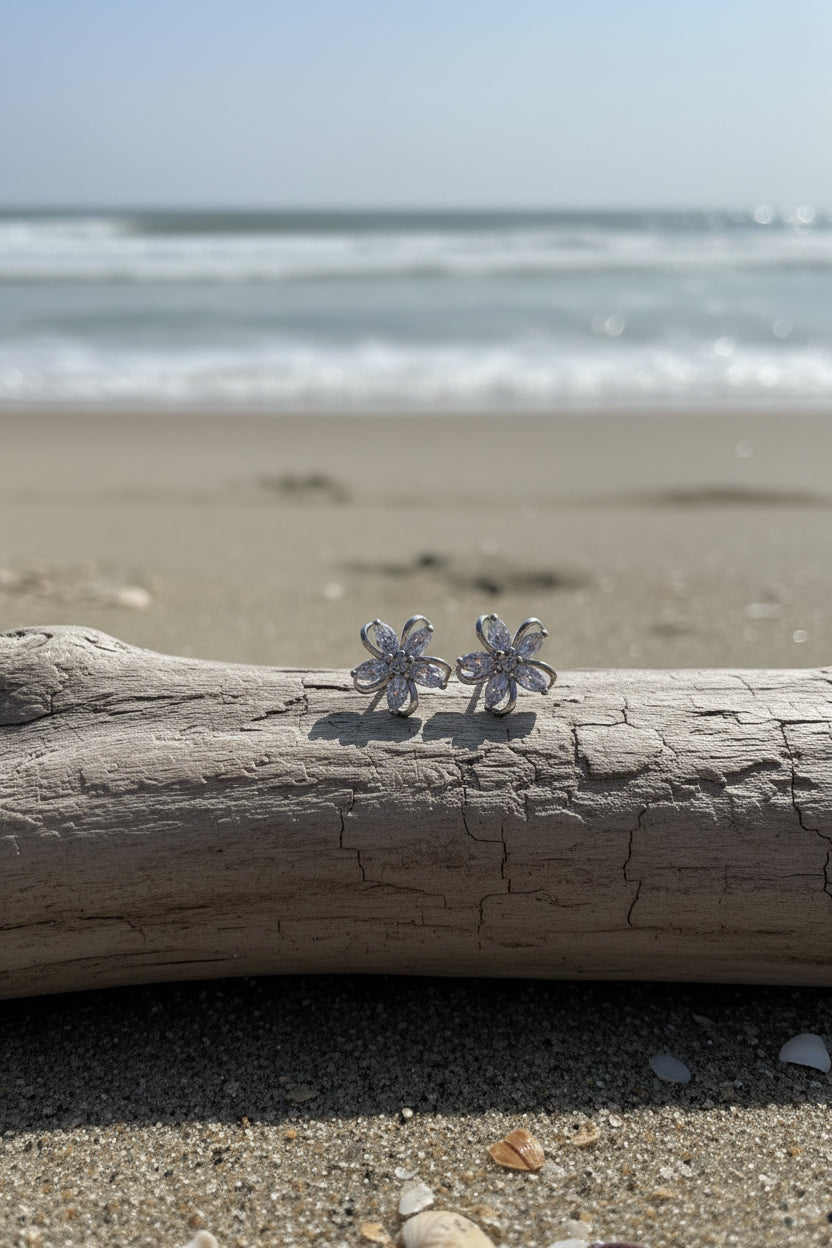 Five Petal Cubic Zirconia Stud Earrings | Silver Plated CZ Flower Studs