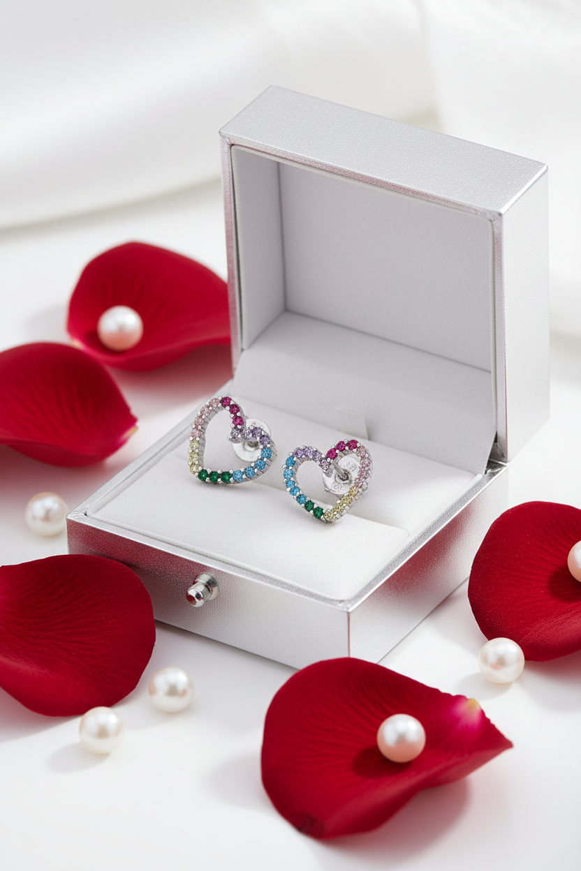 Rainbow Heart Crystal Stud Earrings | Colorful Statement Studs