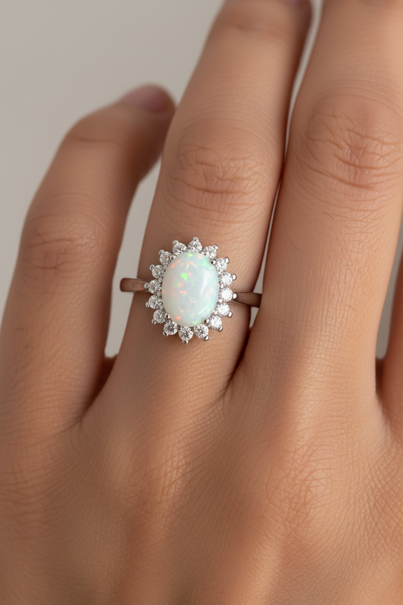 Bohemian Opal & Rhinestone Statement Ring | Silver Plated Boho Ring | Sizes 7 & 8