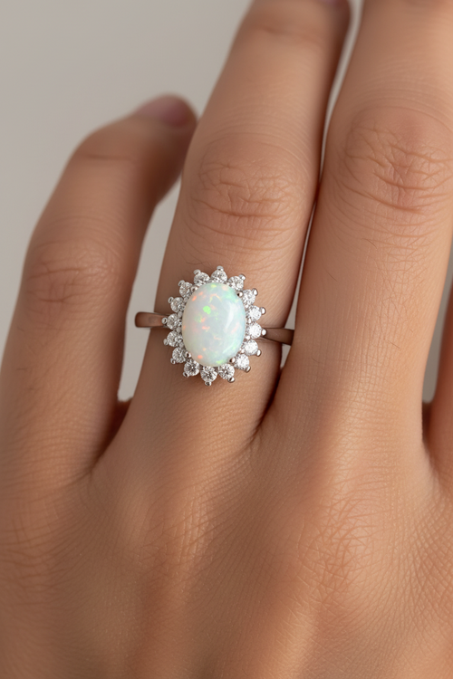 Bohemian Opal & Rhinestone Statement Ring | Silver Plated Boho Ring | Sizes 7 & 8