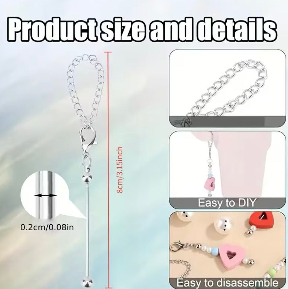 Beadable Tumbler Cup Charm Holder | Metal | Silver | Bead Rod & Chain Included | DIY Craft Accessory