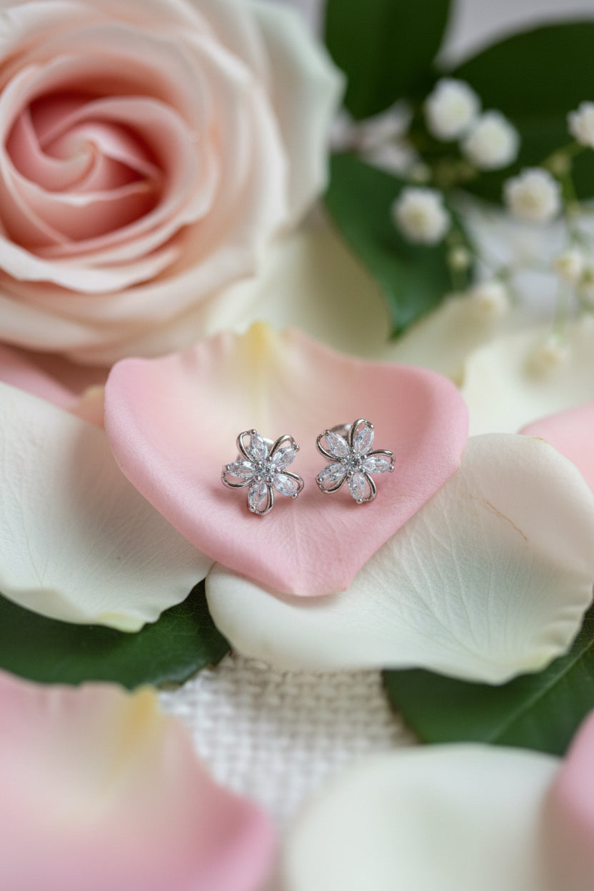 Five Petal Cubic Zirconia Stud Earrings | Silver Plated CZ Flower Studs