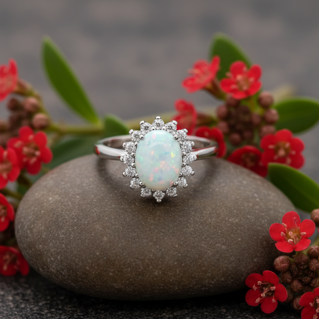 Bohemian Opal & Rhinestone Statement Ring | Silver Plated Boho Ring | Sizes 7 & 8