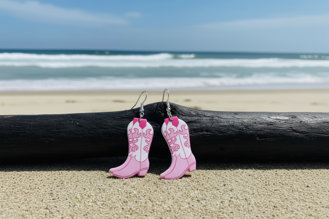 Pink Cowboy Boot Dangle Earrings | 2D Flat with Swirl Detail