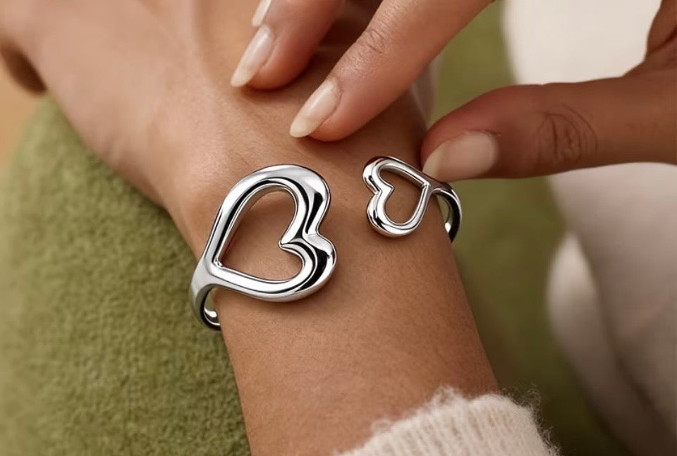 Statement Stainless Steel Double Heart Adjustable Cuff Bracelet | Silver