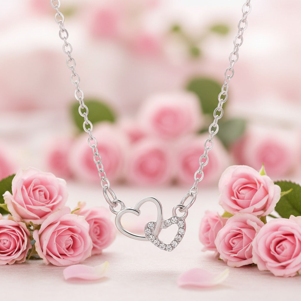 Double Heart Crystal Necklace | Vintage Romance | Sterling Silver-Tone Stainless Steel