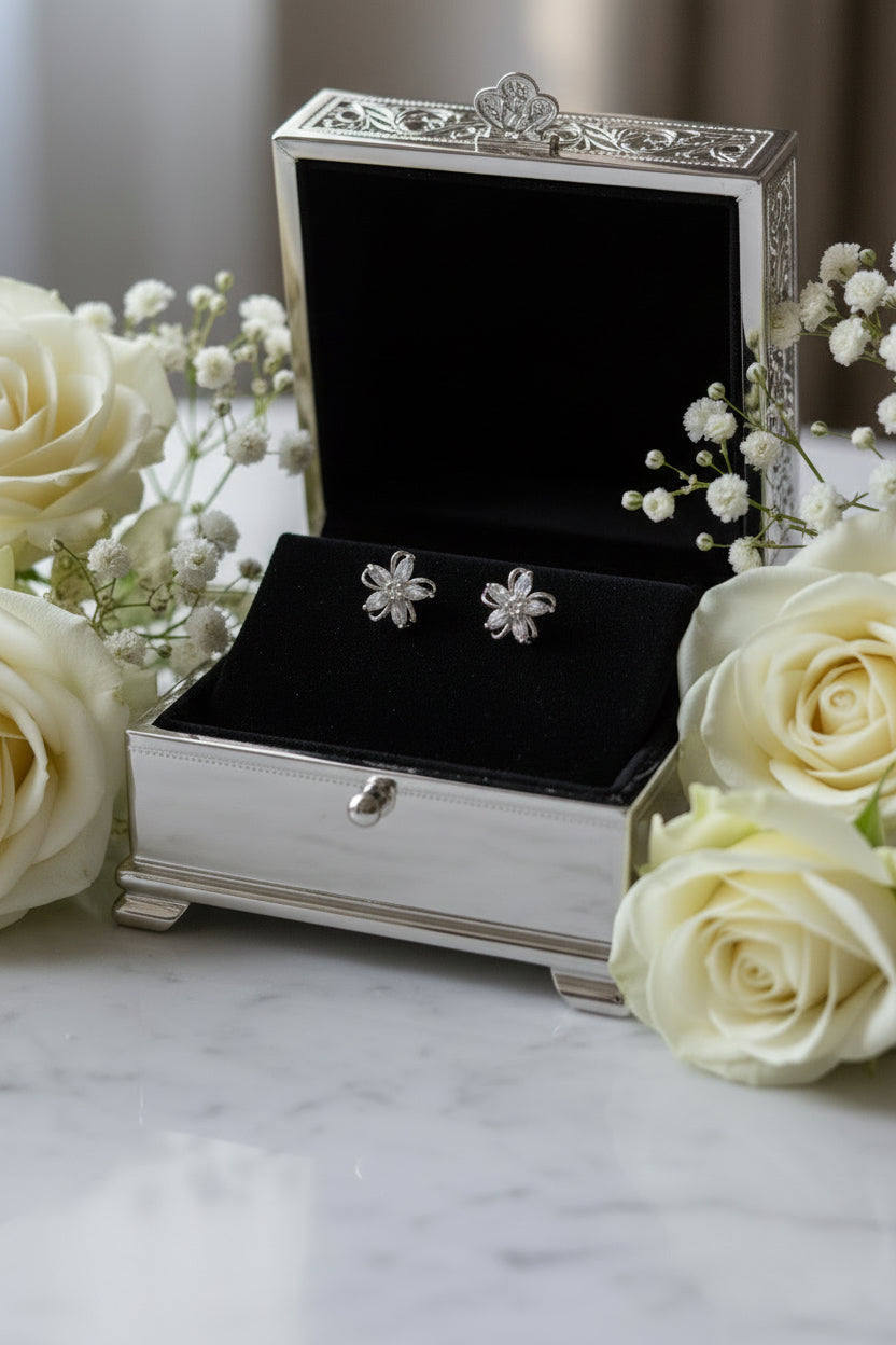 Five Petal Cubic Zirconia Stud Earrings | Silver Plated CZ Flower Studs