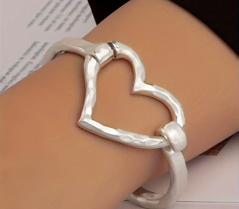 Classic & Timeless Hand Hammered Sterling Silver .925 Heart Bangle Bracelet | Adjustable