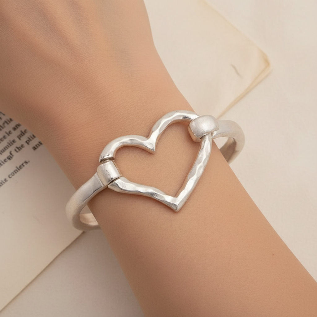 Vintage/Romantic Hand Hammered Stainless Steel Heart Bangle Bracelet | Adjustable No Tarnish