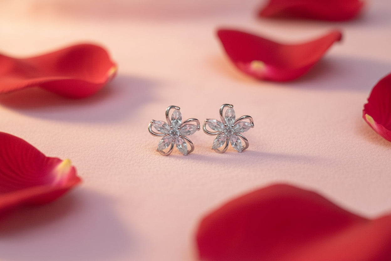 Five Petal Cubic Zirconia Stud Earrings | Silver Plated CZ Flower Studs