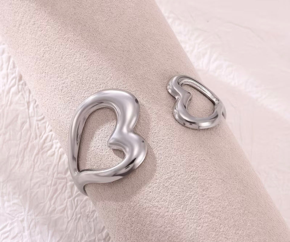 Statement Stainless Steel Double Heart Adjustable Cuff Bracelet | Silver