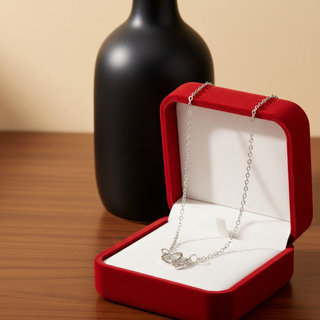 Double Heart Crystal Necklace | Vintage Romance | Sterling Silver-Tone Stainless Steel