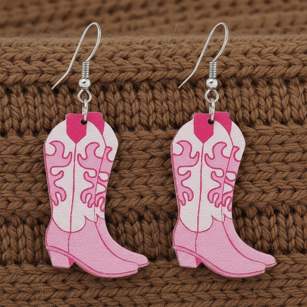 Pink Cowboy Boot Dangle Earrings | 2D Flat with Swirl Detail