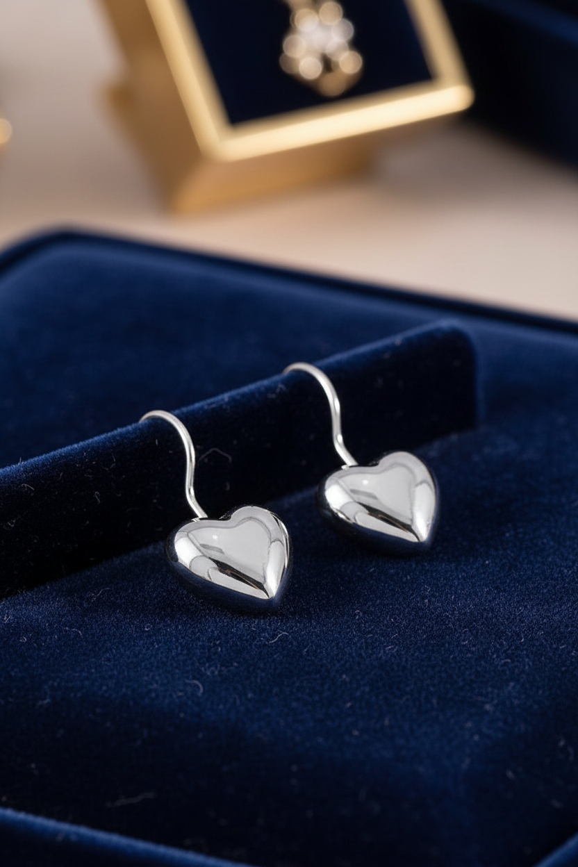 Sterling Silver .925 3D Heart Dangle Earrings | Vintage/Romantic| Includes Polishing Cloth